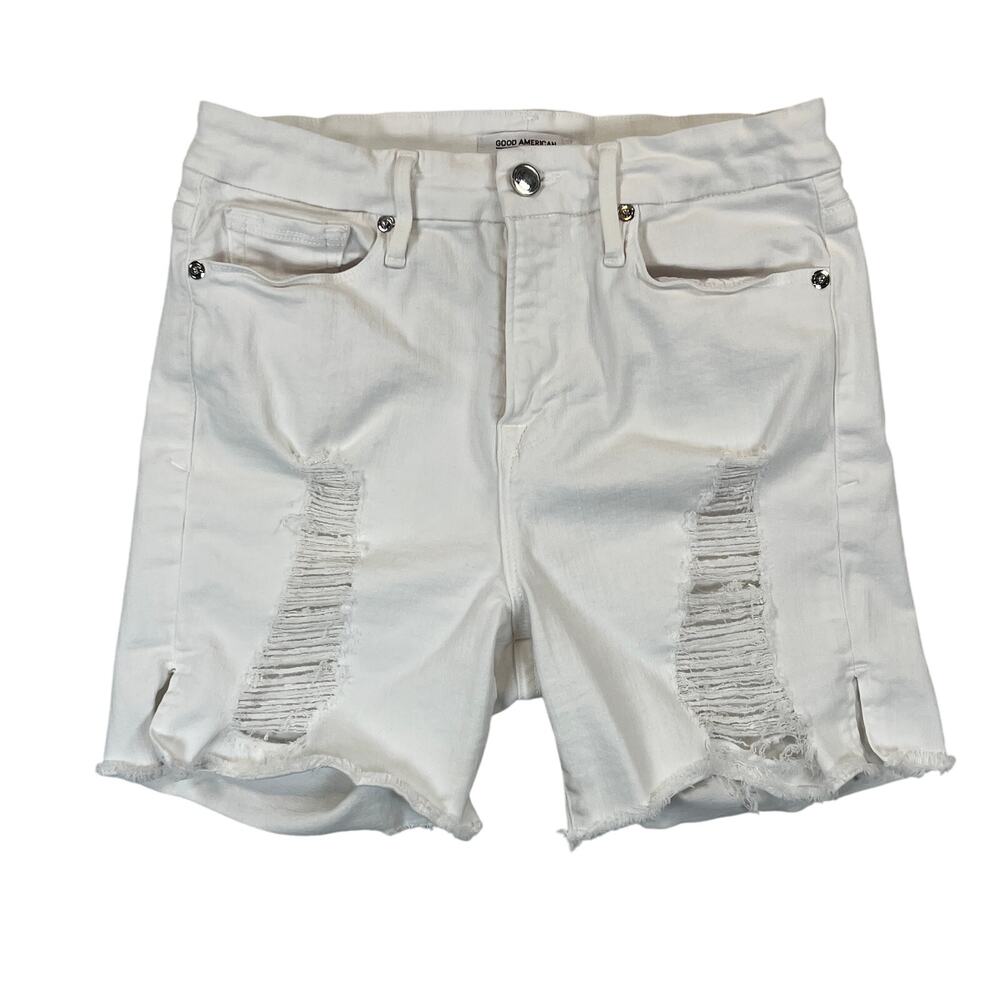 Good American White Denim Shorts Women's size 6 / 28 Distressed Stretch 5 Pocket